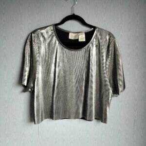 Vintage 90s XL Silver Metallic Micro Pleated Cropped T Shirt 80s 90s Rave Goth